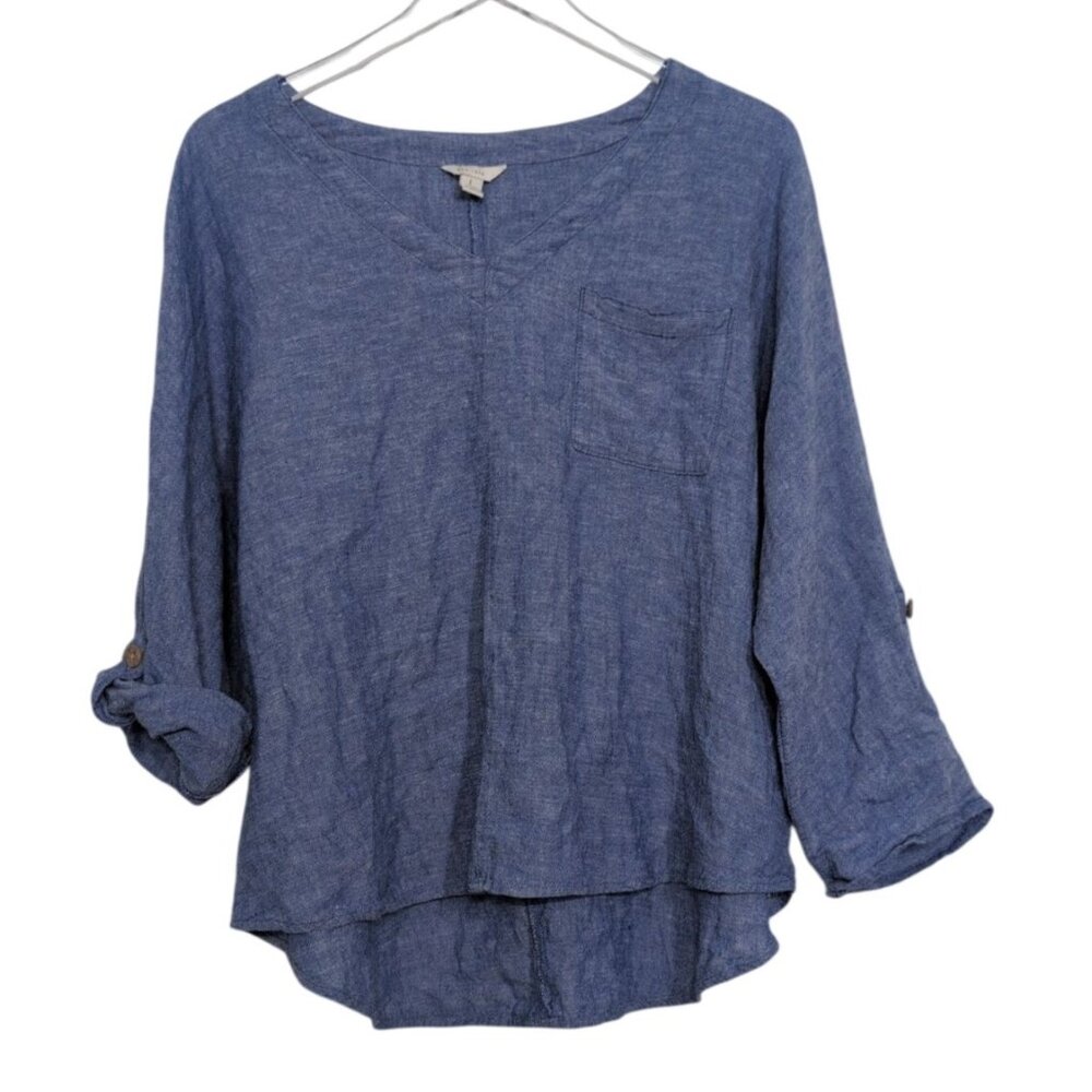 Cato Linen Blend Shirt Womens Size Large Blue Dolman Roll Tab Sleeves Coastal